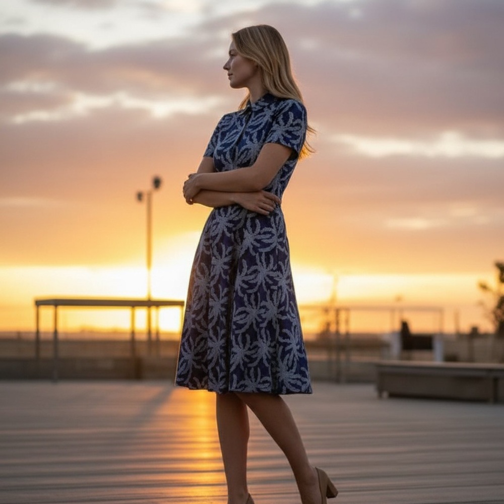 Brooks Brothers Navy and White Leaf Print Midi Dress